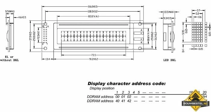 Lcd 20 X 2 Bottom View Transflectief Met Gele Achtergrondverlichting 3 Lcd 20 X 2 Bottom View Transflectief Met Gele Achtergrondverlichting