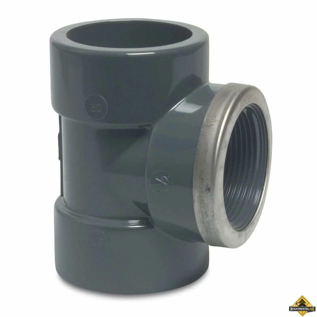 T-stuk 90 Graden PVC-U 20 Mm X 1/2 Inch X 20 Mm Lijmmof X Binnendraad X Lijmmof 16 Bar Grijs Type Versterkt (per 10 Stuks)